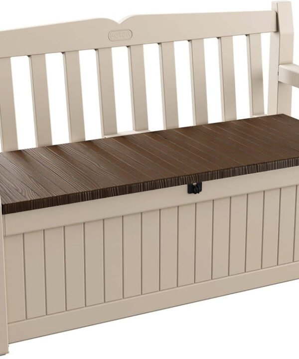 Keter Eden Bench 265L Outdoor 60% recycled Garden Furniture Storage Box Beige & Brown Wood Panel Effect