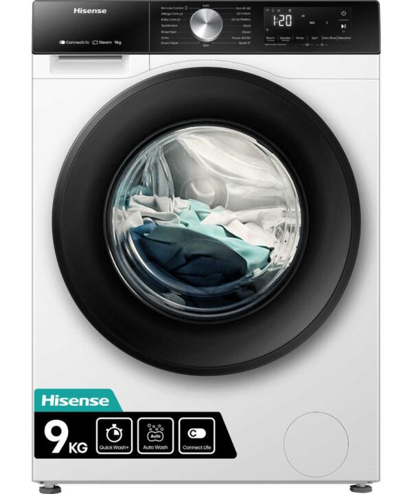 Freestanding Front Load Washing Machine – 9kg, 1400 RPM, WiFi Connected, Quick & Steam Wash, White, Energy Class A