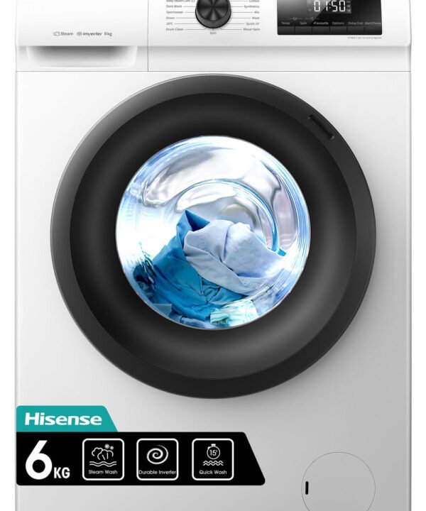 Freestanding Front Load Washing Machine – 6kg, Inverter Motor, 15 Programs, Quick & Steam Wash, 1200 RPM, White, Energy Class C