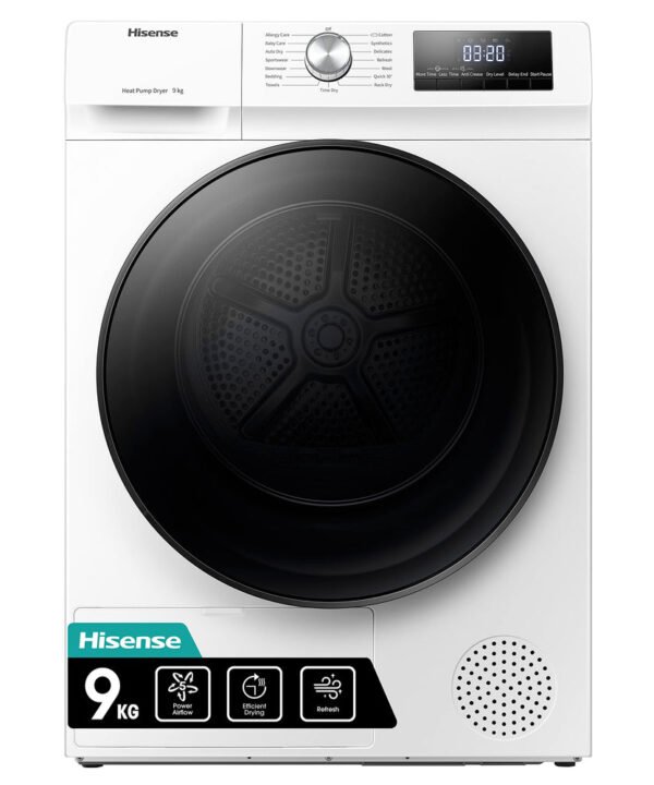 Freestanding Heat Pump Tumble Dryer – 9kg, Front Load, 15 Programs, Auto-Dry, Steam Refresh, Allergy Care, White (60cm)