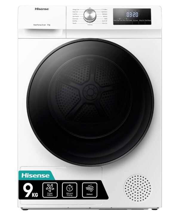 Hisense Freestanding Heat Pump Tumble Dryer – 9kg, Front Load, 15 Programs, Auto-Dry, Steam Refresh, Allergy Care, White (60cm)