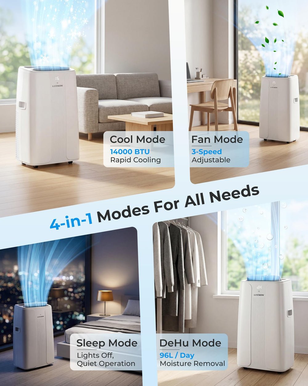 14000 BTU Portable Air Conditioner with Dehumidifier, Fan, Auto Swing & Remote Control - Image 3
