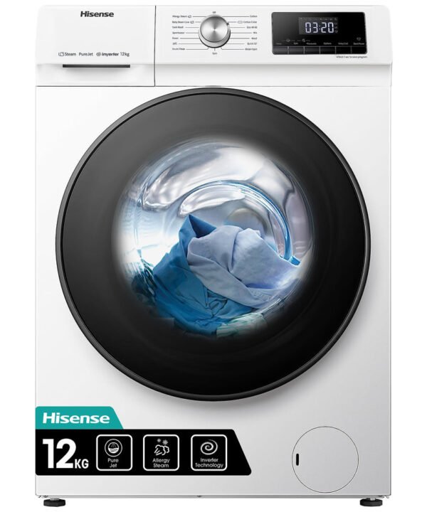 Freestanding Front Load Washing Machine – 12kg, Inverter Motor, 15 Programs, Quick & Steam Wash, 1400 RPM, White, Energy Class A