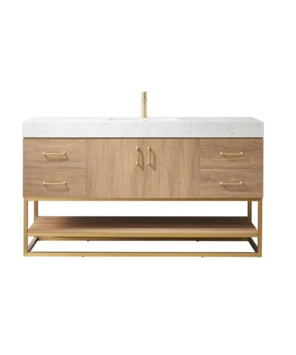 Miseno Alistair 60" Free Standing Single Basin Vanity Set with Cabinet and Stone Vanity Top with USB Port and Electrical Outlet
